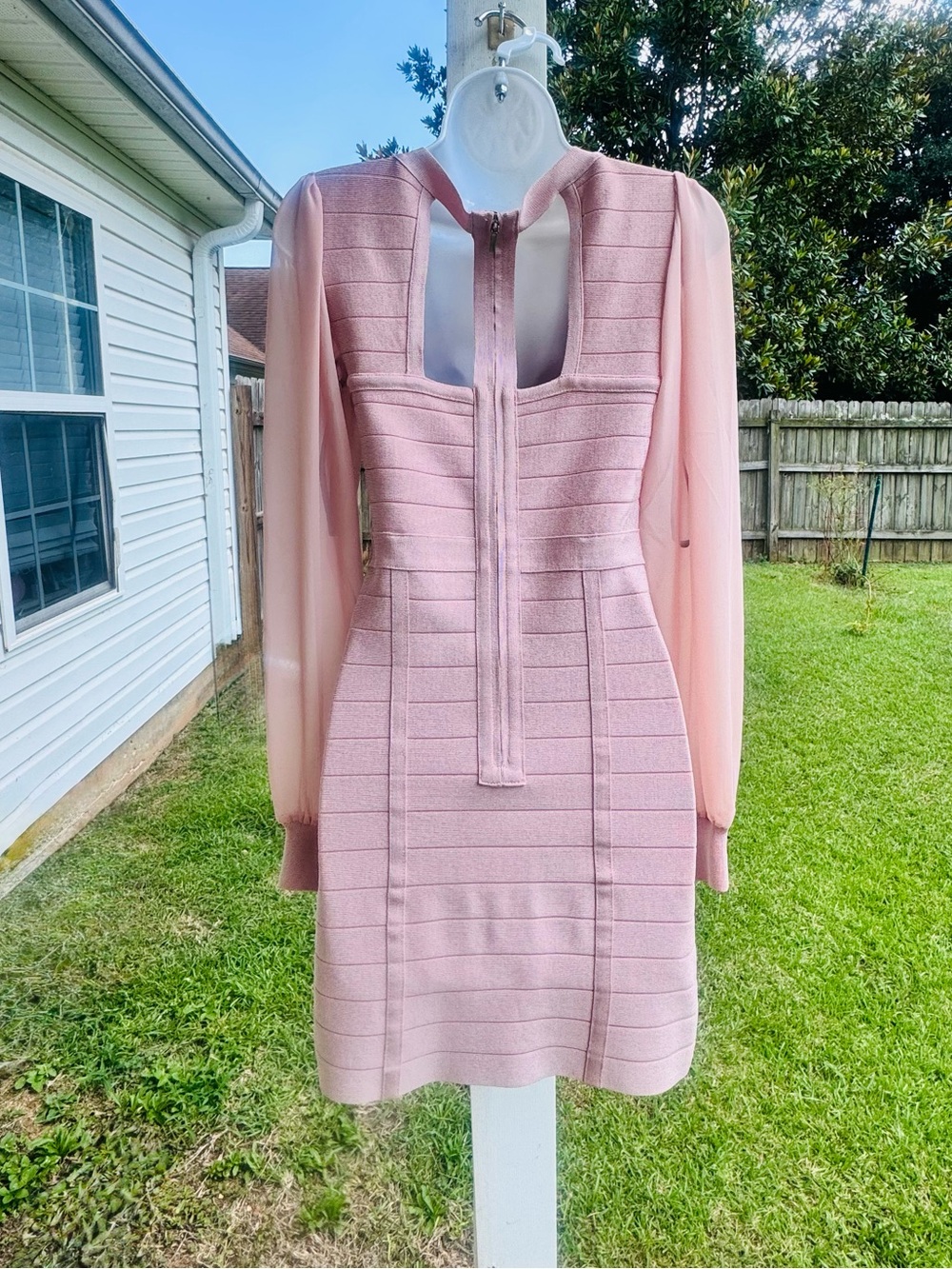 Bebe Soft Pink Long-Sleeve Bandage Dress - Picture 3 of 5